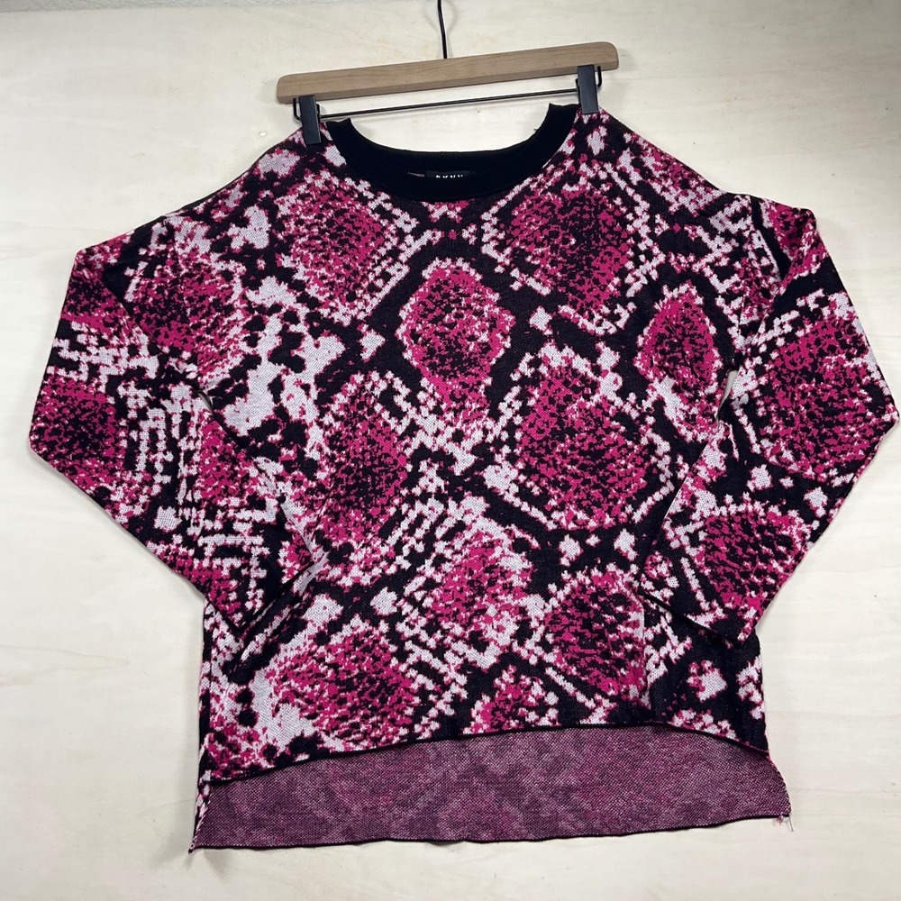 DKNY Womens Pink Black Snakeskin Animal Print Crew Neck High Low Sweater Size M